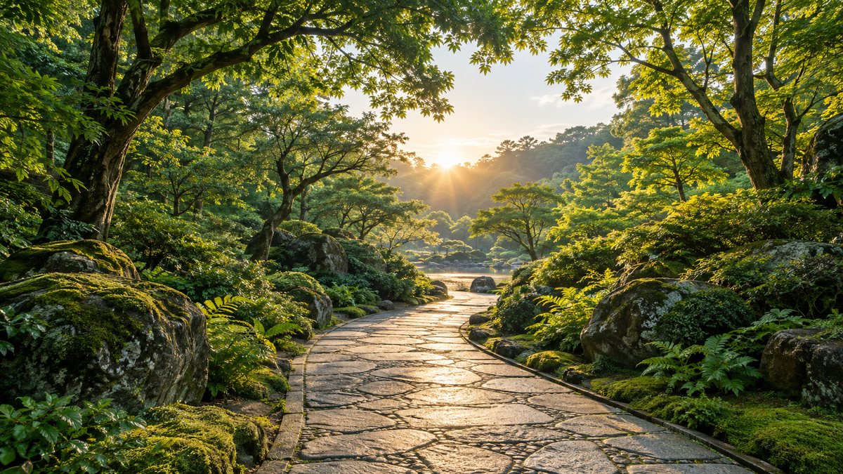 朝の光が差し込む、木々に囲まれた石畳の道