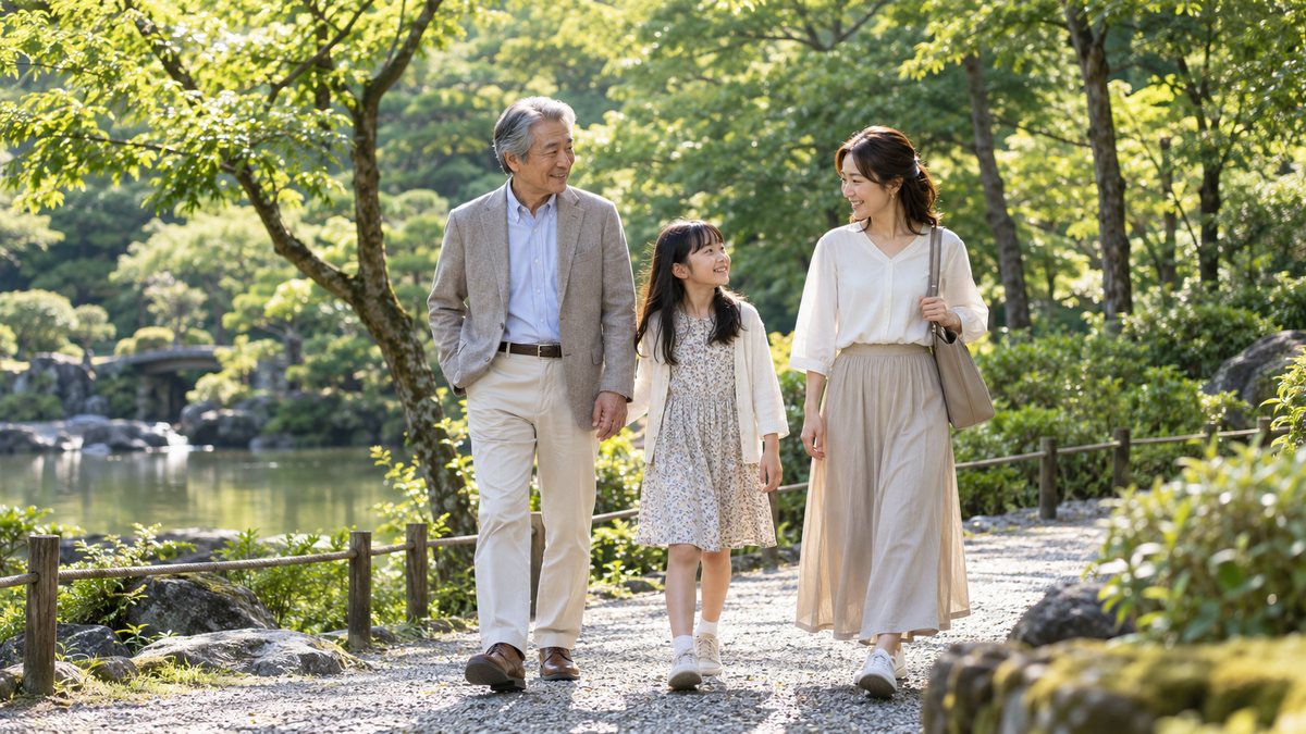 年配の男性と女性、少女の三人が、庭園の小道を並んで歩く様子（イメージ）