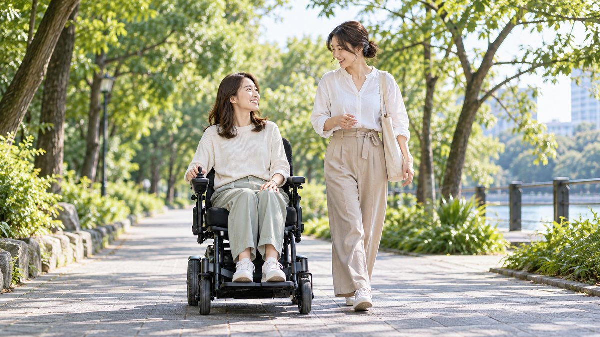 電動車いすの女性と同行者が、木漏れ日の遊歩道を笑顔で歩いている様子（イメージ）