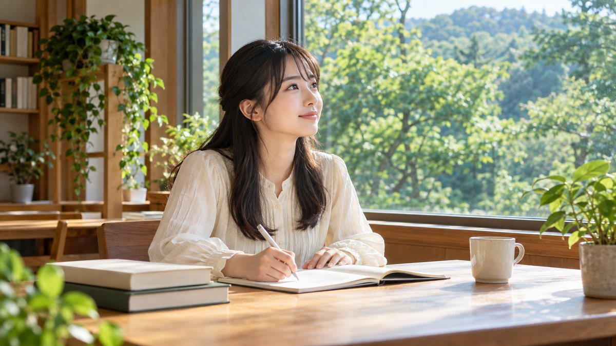 窓辺の机でノートに向かい、学びに取り組む学生（イメージ）